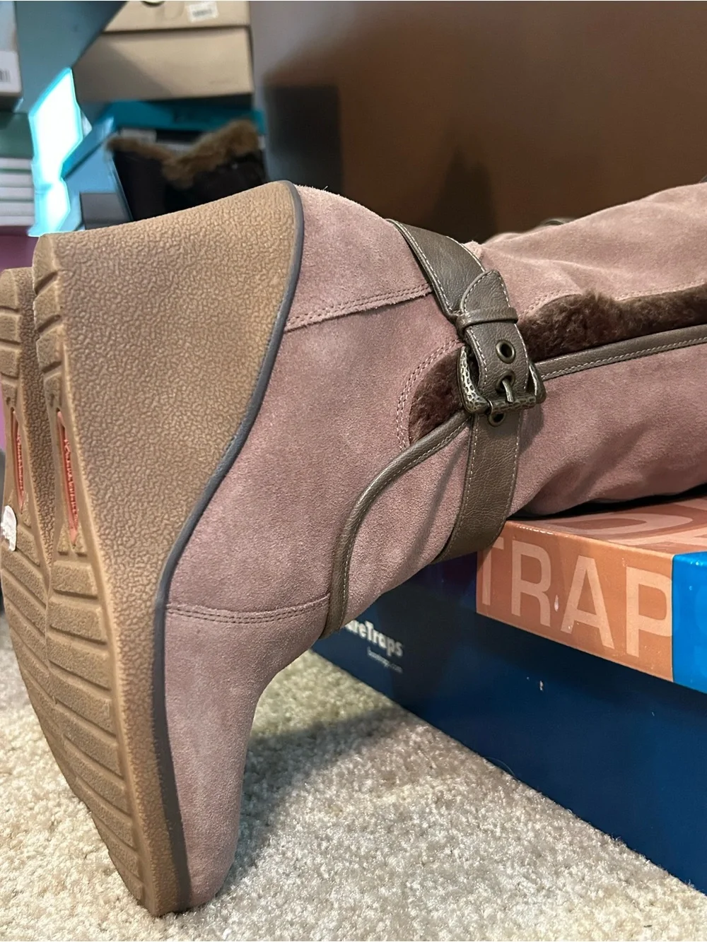 NIB BareTraps Aletta Faux Suede Faux Fur Lined Wedge Tall Boots Women's Size 8.5